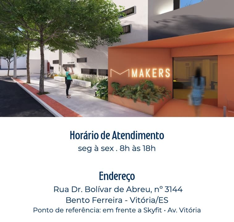 Entrada do Makers Move, com o letreiro iluminado na parede laranja