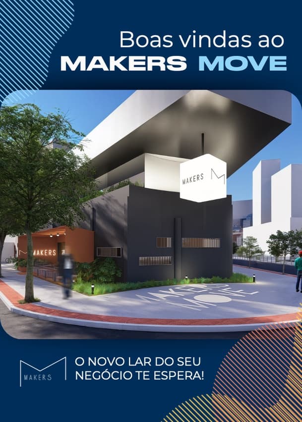 Fachada do Makers Move, com o letreiro Makers no alto do prédio